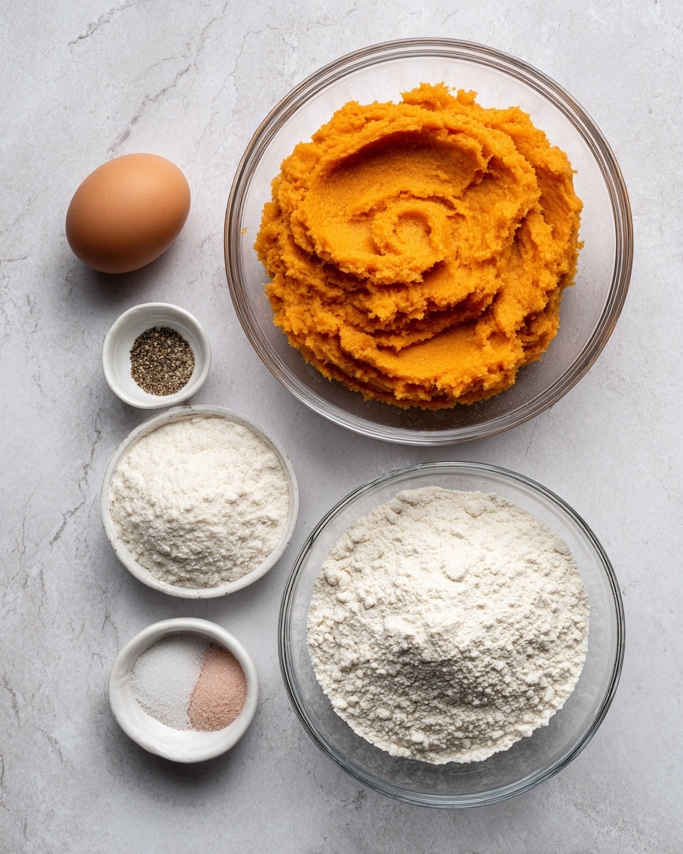 A set of ingredients arranged on a white marbled surface includes a large clear bowl at the top center filled with bright orange mashed sweet potato, showing a smooth but slightly textured surface. To the right is a medium clear bowl with white cassava flour, soft and powdery with slight clumps. Below is a smaller clear bowl containing white tapioca flour, very fine and powdery. Near the bottom left corner lies a single brown egg with a smooth shell. To the left of the egg is a small white bowl divided into four sections containing different seasonings: coarse pink salt, black pepper, garlic powder, and a light beige spice. Each item is spaced apart on the light gray-white marbled background. Photo taken with an iphone --ar 4:5 --v 7