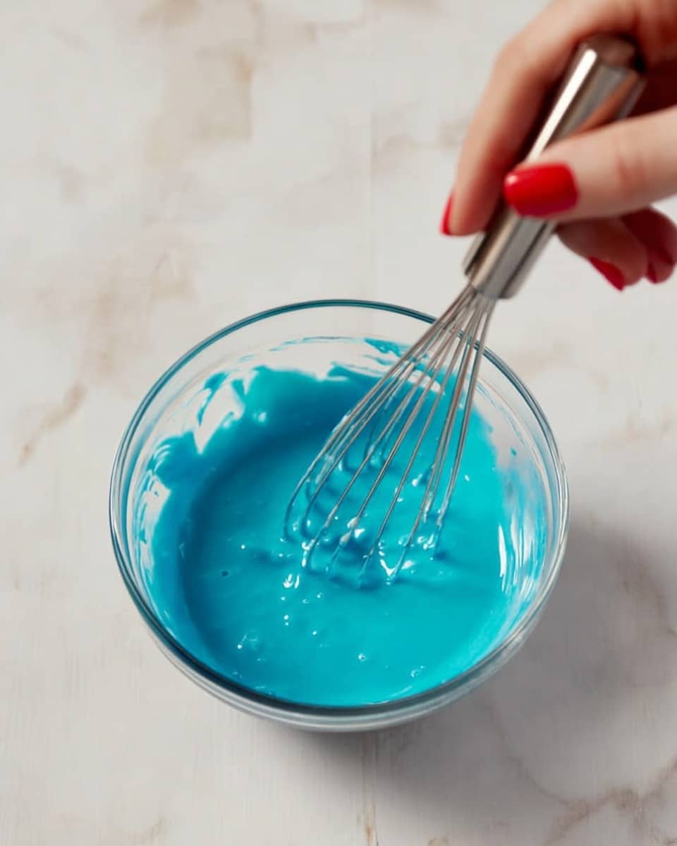 A clear glass bowl sits on a white marbled surface, filled with smooth, bright blue liquid. A woman's hand with red nail polish holds a small silver whisk, stirring the blue mixture inside the bowl. The blue liquid looks thick and creamy with a shiny texture. Photo taken with an iphone --ar 4:5 --v 7