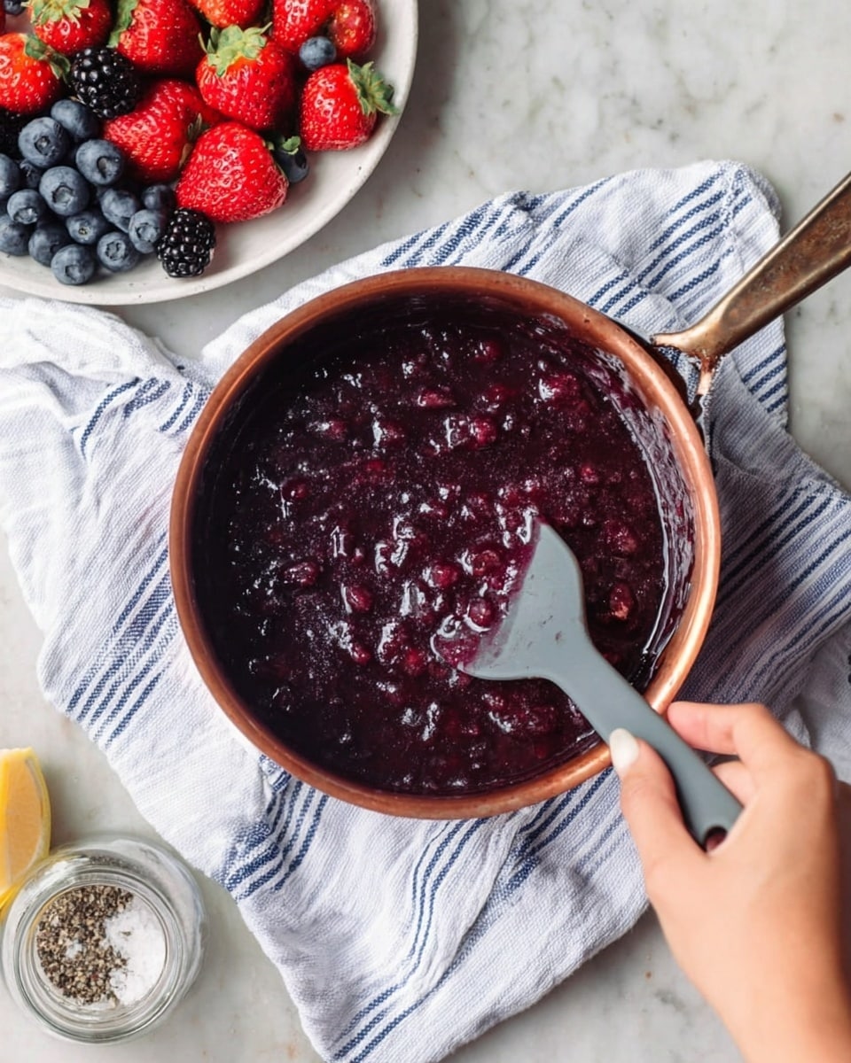 A copper pot filled with a dark purple, thick berry sauce with visible chunks, being stirred by a woman's hand holding a gray spatula inside the pot. The pot sits on a white and blue striped cloth, placed on a white marbled surface. Nearby, there is a white plate filled with fresh strawberries, blueberries, and blackberries, and a small glass jar with white and black pepper. Photo taken with an iphone --ar 4:5 --v 7