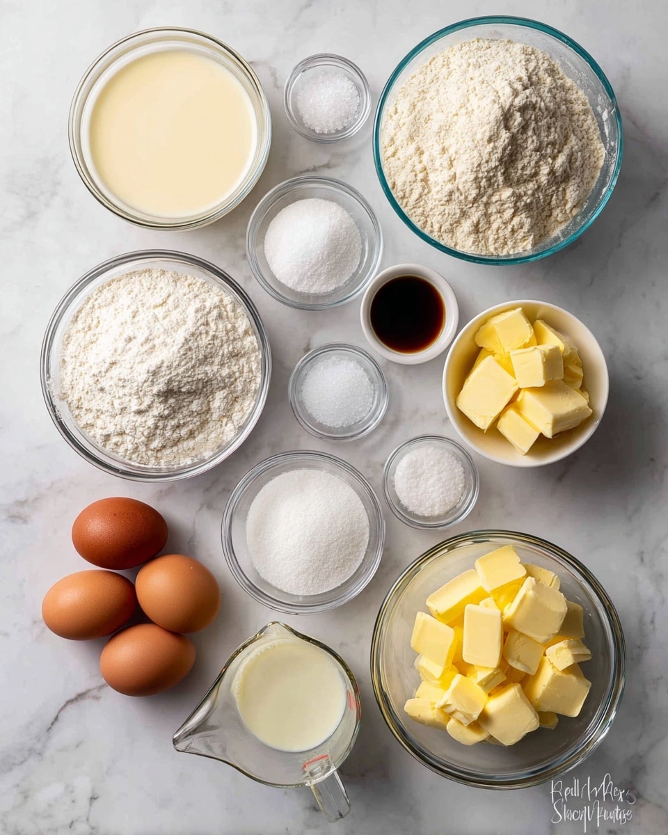 Top view of various baking ingredients arranged neatly on a white marbled surface. There are nine clear glass bowls and one white bowl. Starting from the top left, first is a clear glass bowl with cream-colored liquid, to the right a small white bowl holds coarse salt. Next is a large clear glass bowl filled with light beige flour. Below that bowl are three small clear glass bowls with granulated sugar, white powder, and pure vanilla extract, respectively. Centered is a white bowl with yellow butter pieces. On the left, there is a smaller clear glass bowl with more yellow butter, below it a clear measuring cup with cream liquid. At the bottom left corner, five brown eggs rest beside a large clear glass bowl filled with granulated white sugar. Photo taken with an iphone --ar 4:5 --v 7