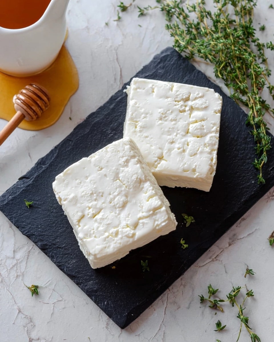The image shows two square white blocks of soft cheese with a crumbly texture on a black slate plate. The cheese has small cracks and uneven surfaces. Around the plate, there are fresh green thyme sprigs scattered on a white marbled surface. At the bottom left corner, there is a white cup filled with amber-colored honey and a wooden honey dipper resting on the edge. Photo taken with an iphone --ar 4:5 --v 7