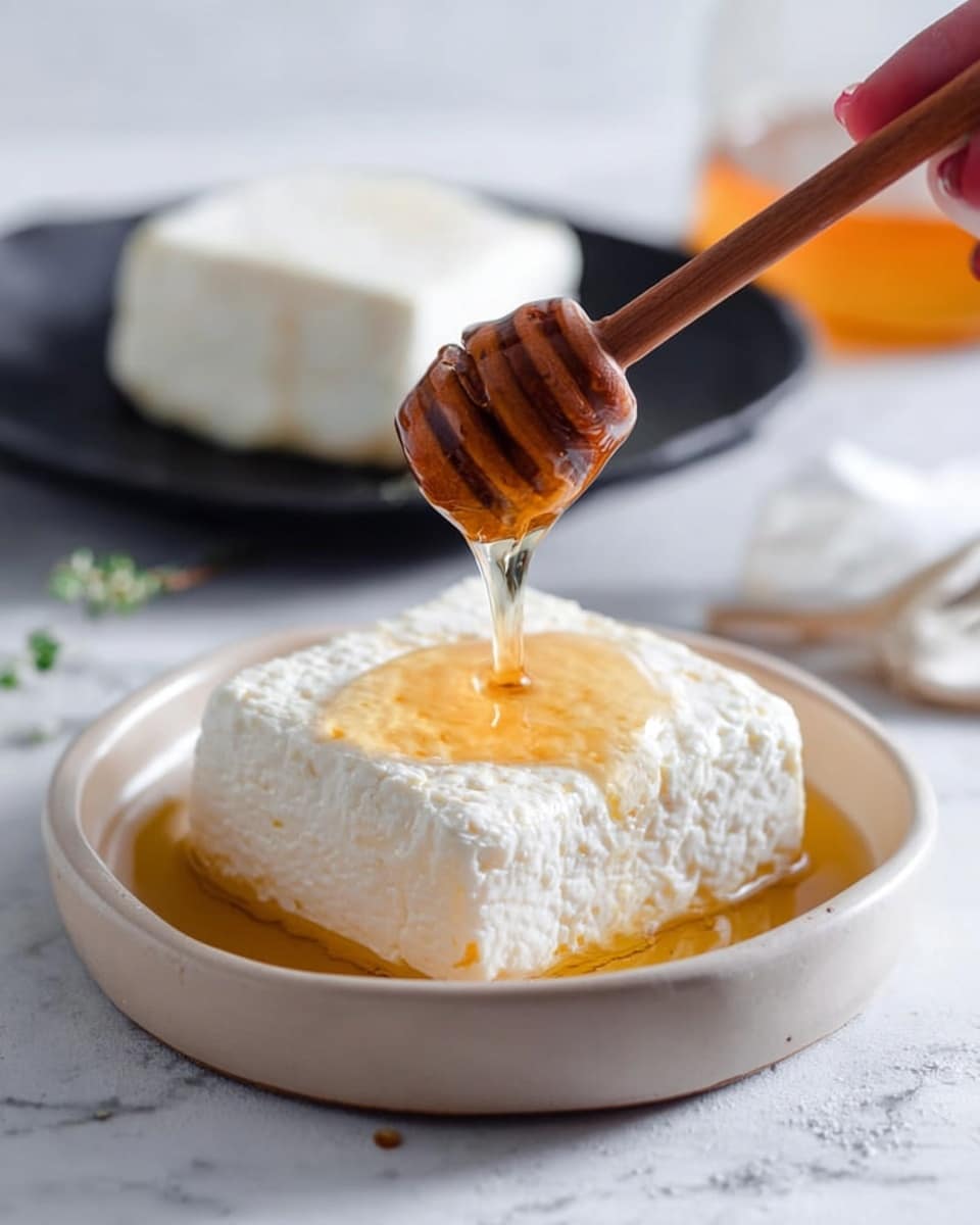 A white round bowl holds a thick, square-shaped piece of soft cheese with a smooth, slightly textured surface, sitting in a small pool of golden honey. A wooden honey dipper, held by a woman's hand, is positioned above the cheese, with honey slowly dripping down onto it. The background is blurred but shows another similar square piece of cheese on a small black plate. The scene is set on a white marbled surface. photo taken with an iphone --ar 4:5 --v 7