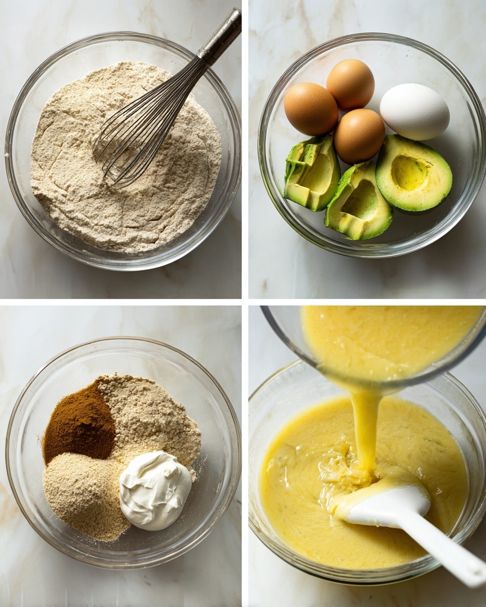 A collage of four images shows the process of making batter in clear glass bowls on a white marbled surface. Image 1 shows dry ingredients including beige flour, white baking powder, and brown cinnamon powder, with a whisk in the bowl. Image 2 is a blender bowl with yellow eggs, green avocado halves, white sour cream, and brown vanilla liquid. Image 3 shows a yellow wet mixture being poured from a clear container into the bowl of dry ingredients below. Image 4 captures a close-up of a white spatula mixing the yellow wet and beige dry ingredients together in the glass bowl. photo taken with an iphone --ar 4:5 --v 7