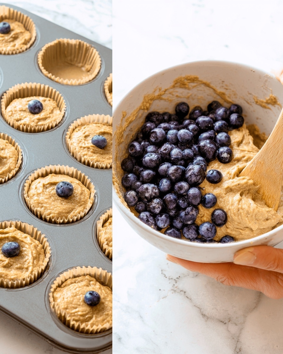 A clear white bowl filled with thick, light brown batter mixed with fresh dark blue blueberries piled on top on a white marbled surface, with a wooden spoon resting inside the bowl. Next to it, a gray muffin tray holds nine muffins in light brown paper liners, each filled with light brown batter and topped with a few blueberries; a woman's hand is about to place one liner into the tray on the same white marbled surface. photo taken with an iphone --ar 4:5 --v 7