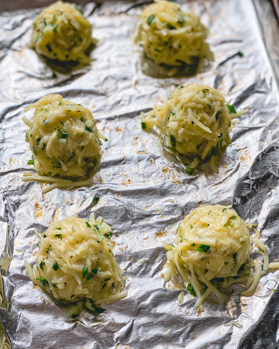 The image shows seven small mounds of shredded cheese mixed with green herbs and small vegetable pieces, placed on a sheet of crinkled aluminum foil. Each mound is roughly round and uneven, with some strands of cheese sticking out. The mixture looks moist and glossy with a light touch of oil around the bases, giving a shiny texture on the foil. The background shows the silver foil reflecting light, and the edges of the baking tray beneath are slightly visible. Photo taken with an iphone --ar 4:5 --v 7