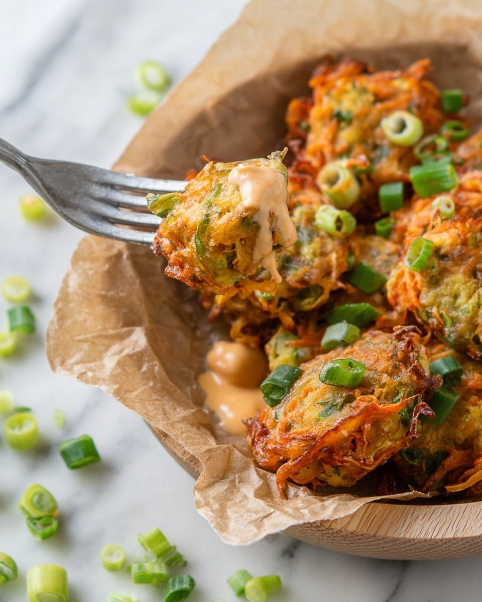 The image shows small round fritters with an orange and green mix of shredded vegetables, slightly crispy on the edges, topped with a light creamy sauce that has a smooth texture. The fritters rest on brown parchment paper in a white wooden bowl. Scattered around are bright green chopped vegetables with a fresh crunch. A silver fork holds one fritter above the bowl. The background is a white marbled surface with a few pieces of the chopped green vegetables scattered around. Photo taken with an iphone --ar 4:5 --v 7