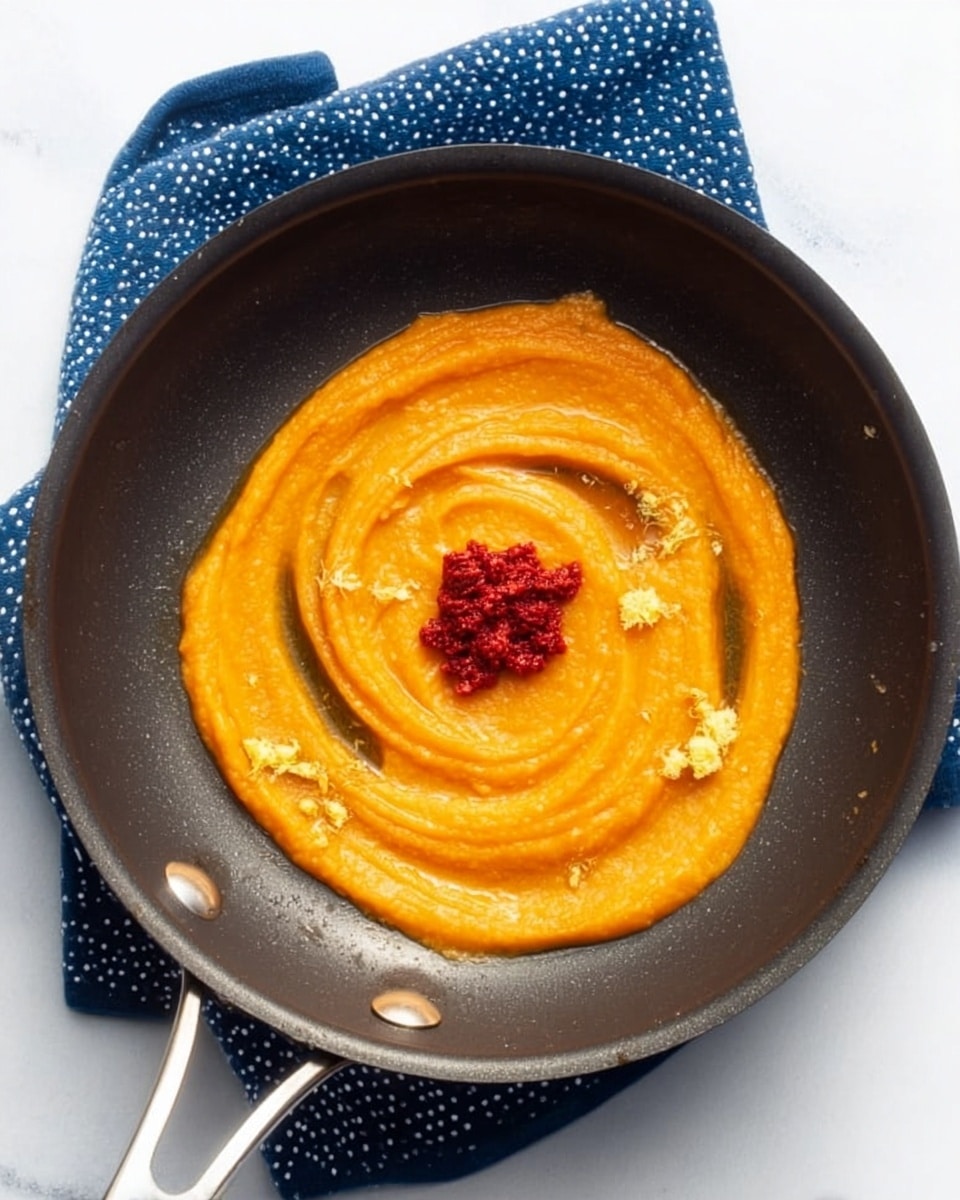 A dark non-stick pan on a white marbled surface holds a swirl of bright orange puree at the center, smooth in texture with some gentle curves. Above the puree, there is a small dollop of thick red paste with a slightly rough texture. Scattered around the puree are tiny bits of pale yellow zest. A blue cloth with small white dots edges the top of the pan. Photo taken with an iphone --ar 4:5 --v 7
