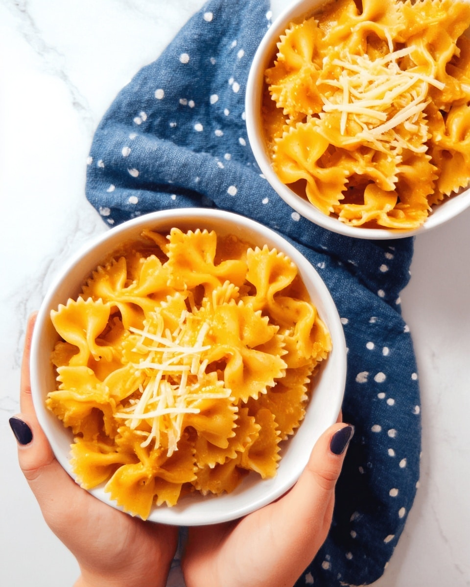 A top view of a black pan filled with bright orange bow-tie pasta coated evenly in a creamy sauce, with visible small bits of seasoning. The pasta is piled high, folding in different directions, creating a textured look with ridged edges. A long wooden spoon rests on the right side of the pan, partially submerged in the pasta. The pan sits on a blue cloth with small white dots, placed on a white marbled surface. Photo taken with an iphone --ar 4:5 --v 7