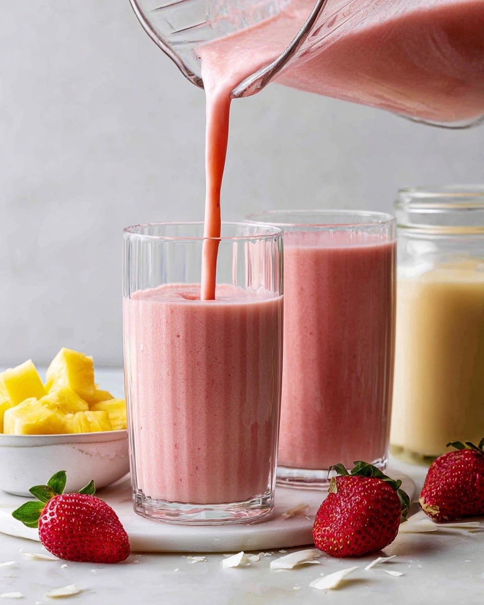 A clear glass filled with a thick pink strawberry smoothie is being poured from a glass pitcher into it, showing the smooth liquid flowing down the center. To the right, another clear glass of the same pink smoothie is visible, and in front of the glasses on the white marbled surface, several whole red strawberries with green leaves are scattered. On the left side, there is a small white bowl filled with bright yellow pineapple chunks and behind it, a glass jar with a creamy beige liquid inside. Thin white flakes are scattered on the white marbled surface around the glasses and fruit, photo taken with an iphone --ar 4:5 --v 7