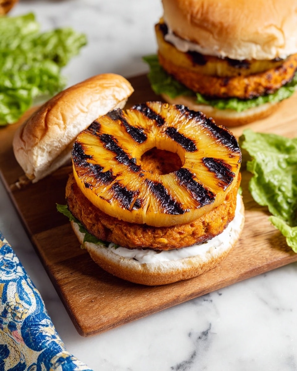 The image shows two open burgers on a wooden board placed on a white marbled surface. Each burger has three layers: the bottom layer is the light brown bun base, the middle layer is a thick orange-brown patty with a slightly rough texture, and the top layer is a large, round grilled pineapple ring with dark char marks showing caramelized grill lines. The inside of the top bun is lightly spread with a white creamy sauce, visible under the pineapple. Around the board, there are green lettuce leaves, partially visible, and a blue and white patterned cloth on the side. Photo taken with an iphone --ar 4:5 --v 7