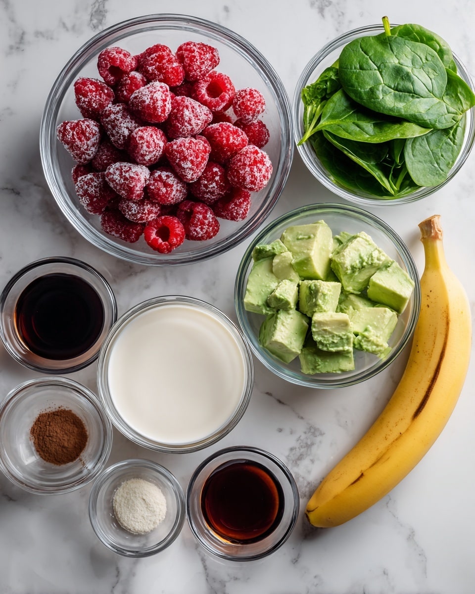The image shows several clear glass bowls and a white bowl arranged on a white marbled surface, each containing a different ingredient. One large glass bowl is filled with bright red frozen raspberries with frost on them, another large glass bowl holds fresh green spinach leaves, and a smaller glass bowl contains green frozen avocado chunks. The white bowl in the center is filled with creamy white milk of choice. There are three small clear glass bowls around the larger bowls: one has dark vanilla extract, one has dark brown maple syrup, and the last has fine light brown cocoa powder. A yellow ripe banana lies on the right side near the bowls, labeled optional. photo taken with an iphone --ar 4:5 --v 7