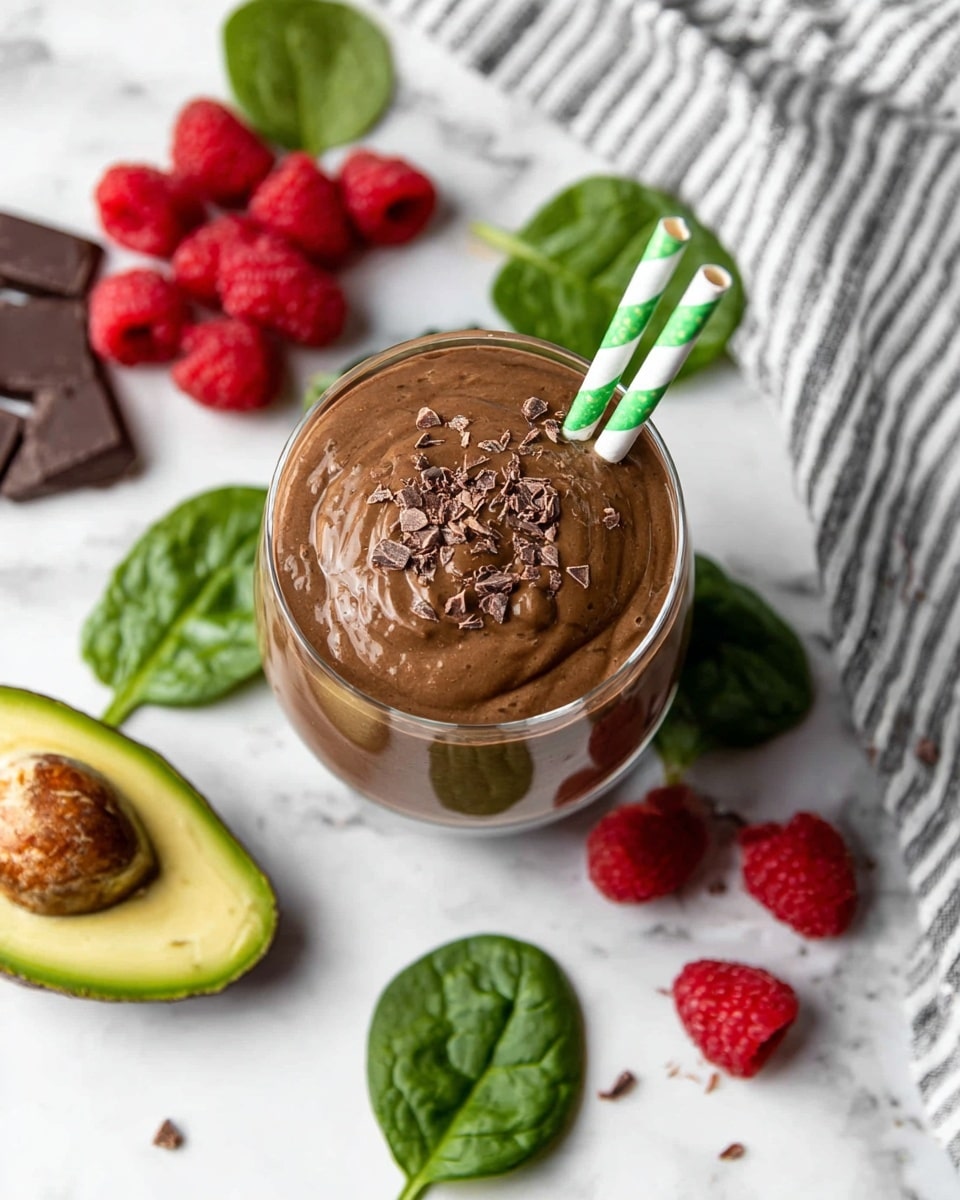 The image shows a glass filled with a thick, creamy chocolate smoothie that has small chocolate flakes on top. Two green and white striped paper straws are placed inside the smoothie, leaning slightly to the right. Around the glass, there are fresh green spinach leaves, bright red raspberries, dark chocolate chunks, and a halved avocado with its seed removed, all resting on a white marbled surface. A striped cloth with gray and white colors is partially visible at the top right corner. The photo was taken with an iphone --ar 4:5 --v 7