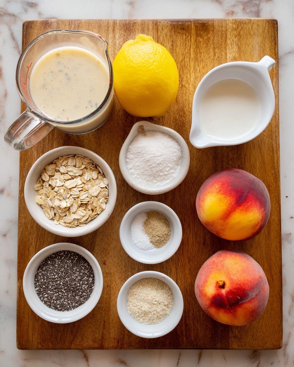 The image shows a wooden tray with eight ingredients neatly arranged. In the top left, there is a clear glass measuring cup filled with a creamy liquid. Next to it, there is a bright yellow lemon and a ripe peach that is red and yellow with a soft texture. To the right, a white measuring cup holds a white powdery ingredient. Below, three small white bowls hold different ingredients: oatmeal flakes, light brown almond flour, and small amounts of white salt and grayish spices. In the middle, a small white bowl is filled with black chia seeds. Another bright peach is on the bottom right corner. The background and surface are a white marbled texture. Photo taken with an iphone --ar 4:5 --v 7