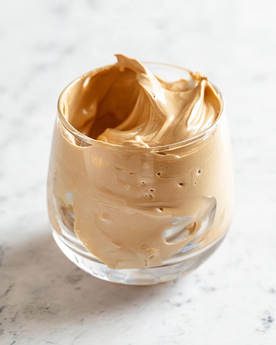 A clear glass holds a fluffy, light brown creamy mixture with a thick, smooth texture that clings to the sides of the glass, forming soft peaks and swirls. The cream fills the bottom part of the glass and extends unevenly upward, showing layers of airy, whipped substance with small air bubbles visible. The glass is placed on a white marbled surface, creating a clean and bright background. photo taken with an iphone --ar 4:5 --v 7