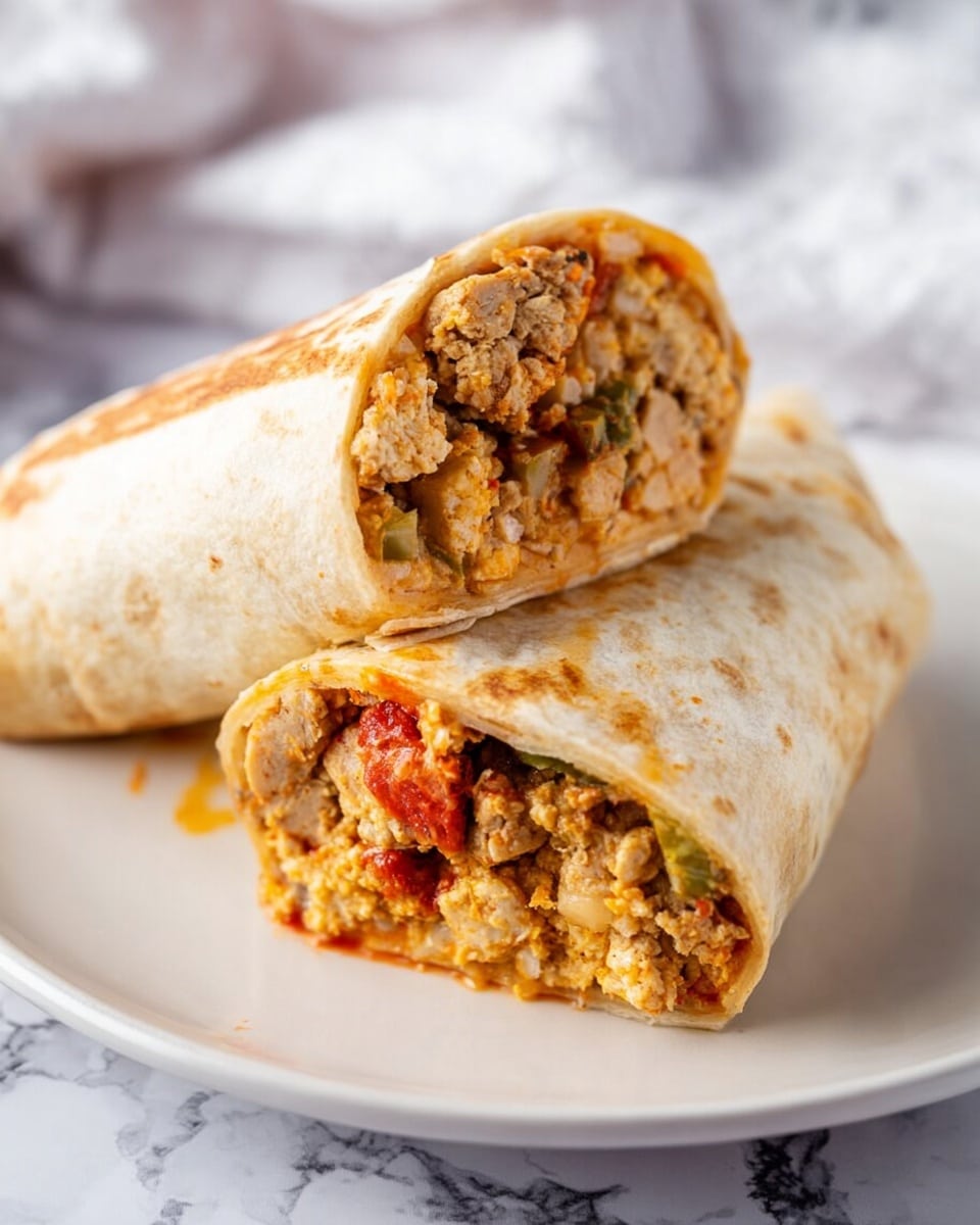 The image shows two burritos on a white plate with a white marbled surface background. Each burrito is cut in half, showing two main layers inside: the outer soft, slightly browned tortilla wrap and the filling inside. The filling has a mix of chunky beige and light brown pieces that look like cooked grains or crumbles, with some darker specks possibly from spices. There are also bits of red sauce and small green pieces, maybe peppers or herbs, scattered inside. The burritos look warm and soft, stacked with one half resting on top of the other photo taken with an iphone --ar 4:5 --v 7