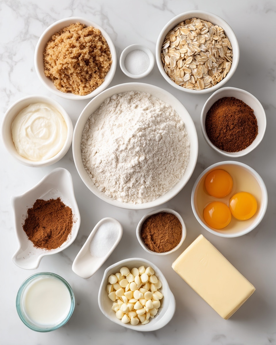 The image shows eleven white bowls and one stick of butter placed on a white marbled surface, each holding different baking ingredients. At the center is a large white bowl filled with white flour. Surrounding it are smaller white bowls containing light brown brown sugar with a grainy texture, light beige oats with a rough texture, smooth white sour cream, smooth white granulated sugar, small shiny white white chocolate chips, and a mix of brown cinnamon powder in a small white dish. Two white bowls hold raw eggs with yellow yolks and clear egg whites, while two small clear measuring cups contain clear water and white cream. A stick of pale yellow butter is placed near the center bottom. Everything is arranged neatly in a flat lay view with labels identifying each ingredient. Photo taken with an iphone --ar 4:5 --v 7