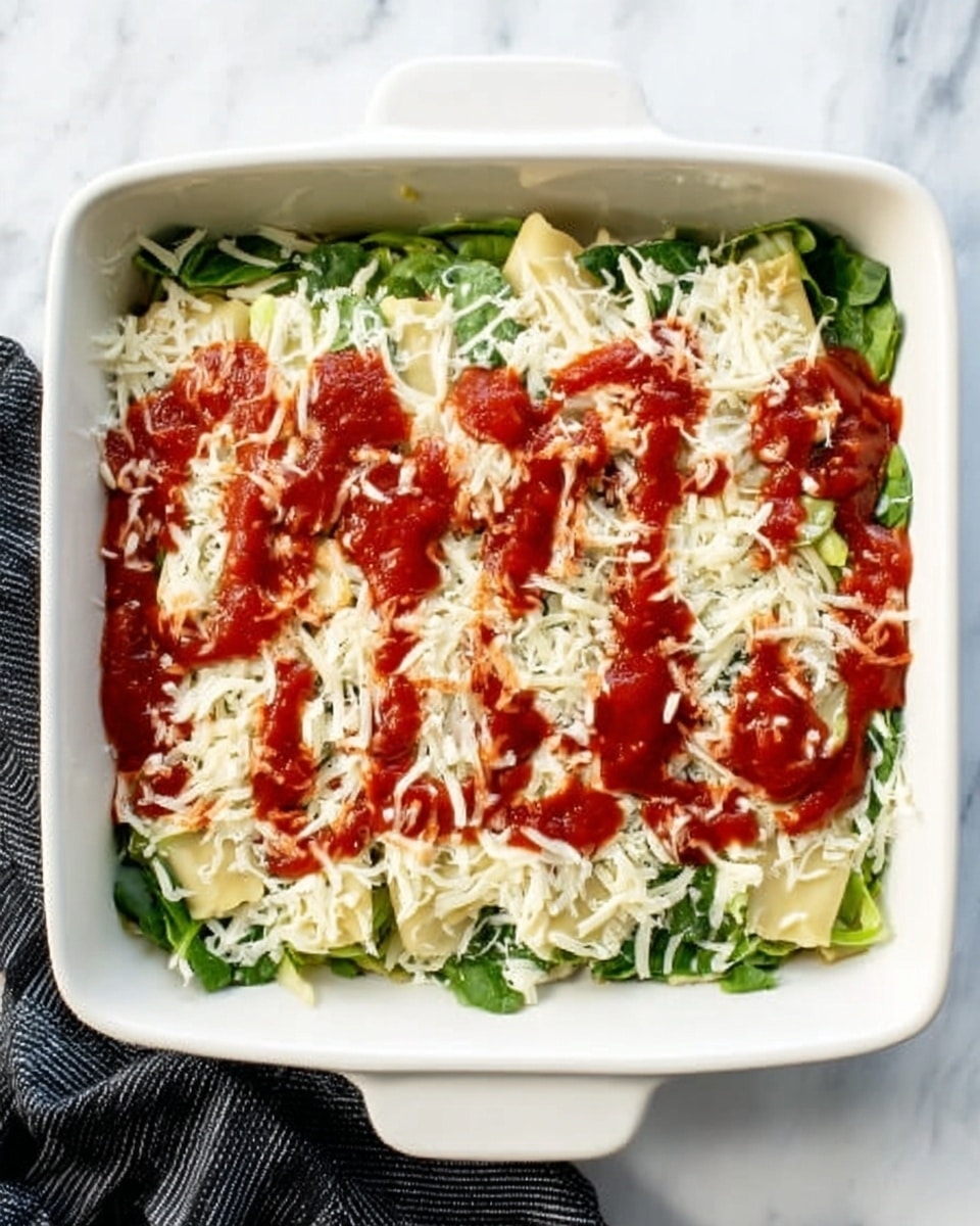 A white rectangular baking dish filled with layers of food starting with a green leafy base, possibly spinach or lettuce, evenly spread at the bottom. Above this base, there are pale cream-colored pasta sheets or slices placed in a single layer. On top of the pasta, white shredded cheese is scattered generously, with a few artichoke pieces sitting between the cheese. Red tomato sauce is drizzled in a thick, uneven pattern over the cheese, creating a bright contrast with the green and white layers beneath. The dish is set on a white marbled surface with a black and white striped cloth partially visible on the left side. Photo taken with an iphone --ar 4:5 --v 7