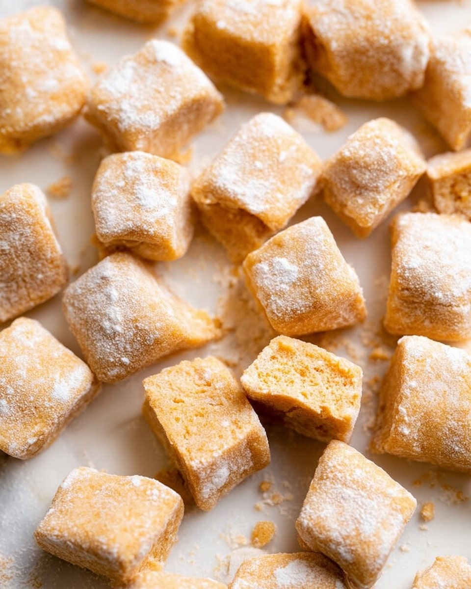 The image shows many small, square-shaped bites of dough in a light golden color, scattered on a white marbled surface. Each piece has a slightly rough texture with a light dusting of white flour on top. The pieces vary slightly in shape, some with smooth edges and some a bit uneven, and one piece is shown cut open to reveal a dense, soft inside that matches the outer color. The overall look is simple and rustic, with the warm tones of the dough contrasting softly against the white marbled background, creating a clean and inviting presentation. photo taken with an iphone --ar 4:5 --v 7