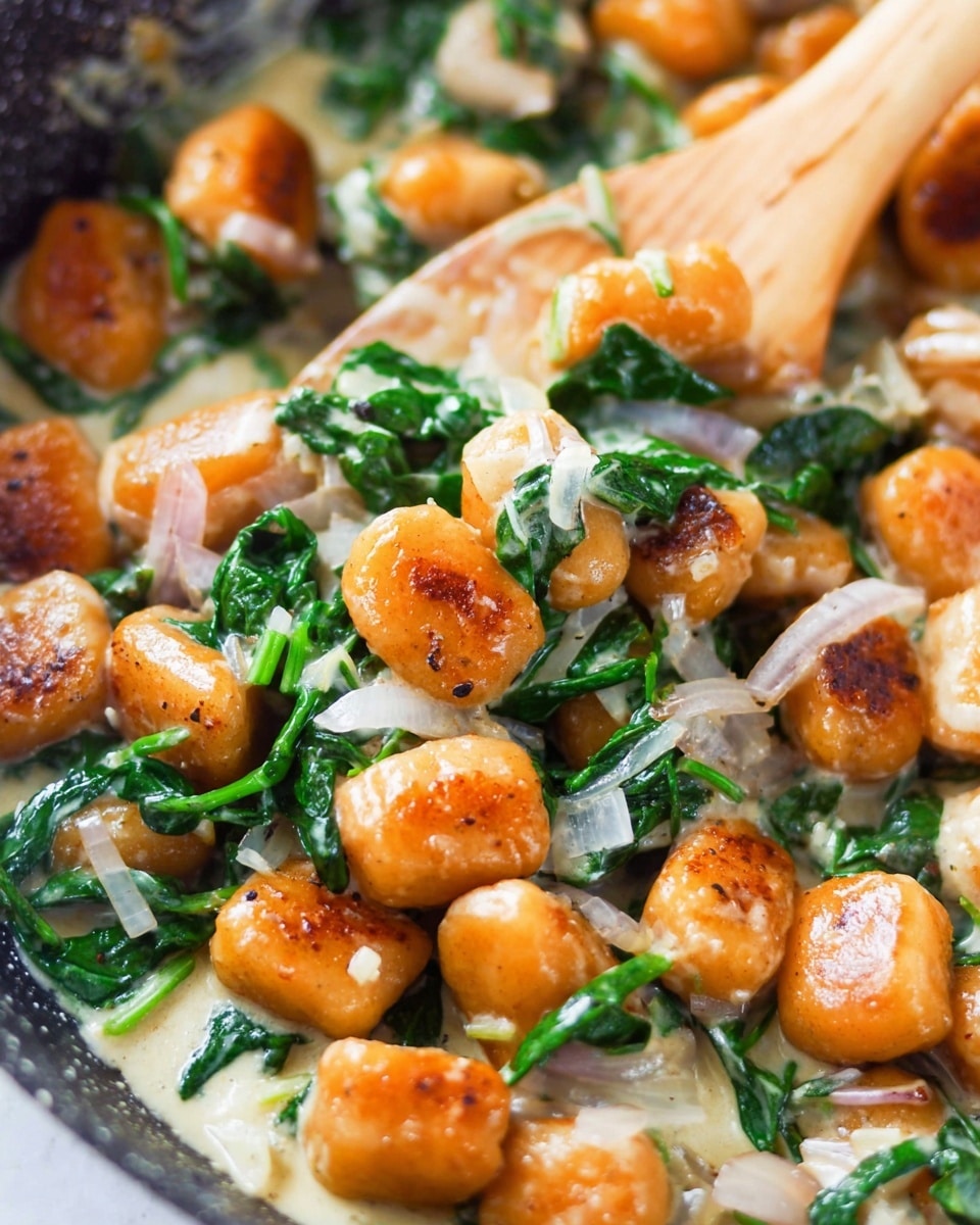 This close-up image shows a pan with small, browned orange gnocchi pieces mixed with wilted bright green spinach leaves and small, translucent white onion pieces. The gnocchi have a crispy outer texture with some darker spots. The creamy, light-colored sauce coats the ingredients, and a wooden spatula is partly shown stirring the mixture in the pan. The background is a white marbled texture photo taken with an iphone --ar 4:5 --v 7