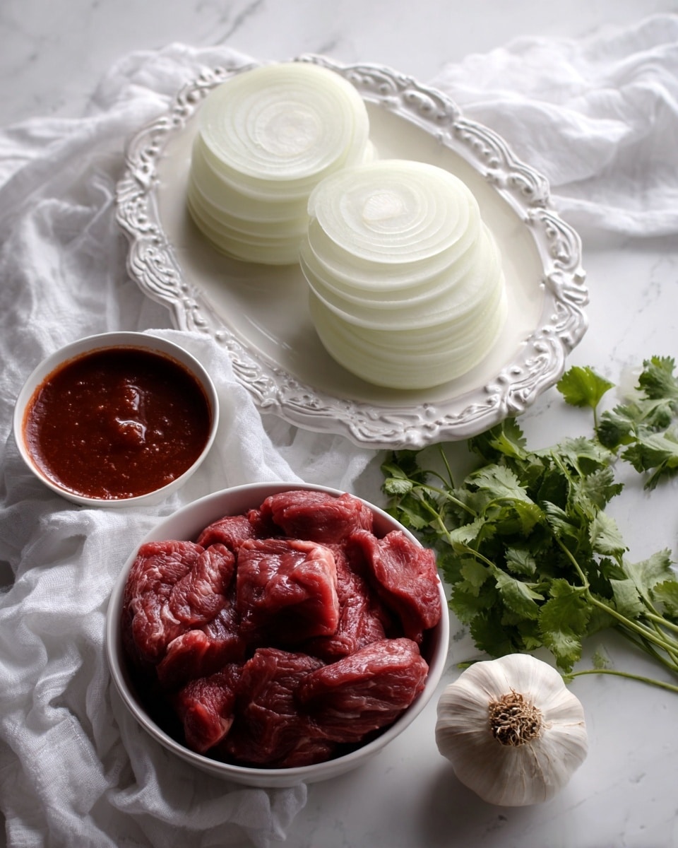 The image shows a white marbled surface with three main items arranged prominently. At the top center on an ornate white tray, there are three stacks of thin white onion slices, each stack fanning out slightly to show multiple translucent layers. To the left of the onions, on the tray, is a small white bowl filled with thick red sauce. Below this tray is a round, white bowl filled to the top with raw red meat pieces that have visible marbling and texture. To the right of the meat bowl, fresh green cilantro leaves and a whole white garlic bulb are laid on the white marbled surface. The scene is softly lit, and a white cloth is casually draped around the items. Photo taken with an iphone --ar 4:5 --v 7