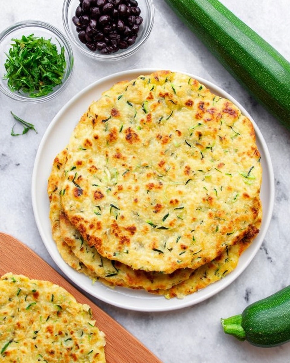 The image shows a white plate with three round, thin zucchini flatbreads stacked, each one golden-brown with small green flecks of zucchini and herbs throughout. Next to the plate, a single flatbread rests on a white marbled surface. To the upper left, there are two small glass bowls with one containing dark black beans and the other chopped green herbs. A fresh zucchini lies to the lower right of the plate. The overall scene is bright and simple, with the main focus on the textured flatbreads that have crisp edges and a slightly uneven surface. Photo taken with an iphone --ar 4:5 --v 7