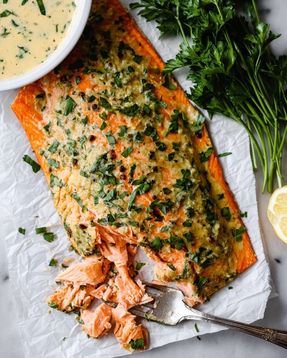 A large, cooked salmon fillet lies on white parchment paper over a white marbled surface. The salmon has a thick, creamy herb sauce on top with visible green flecks, likely dill or parsley, covering most of the fillet. The salmon itself is bright orange and flaky, with a portion near the front already pulled off into small chunks by a silver fork resting beside it. Fresh herb sprigs are blurred in the background with silver serving tongs nearby. The scene is bright and clean. photo taken with an iphone --ar 4:5 --v 7