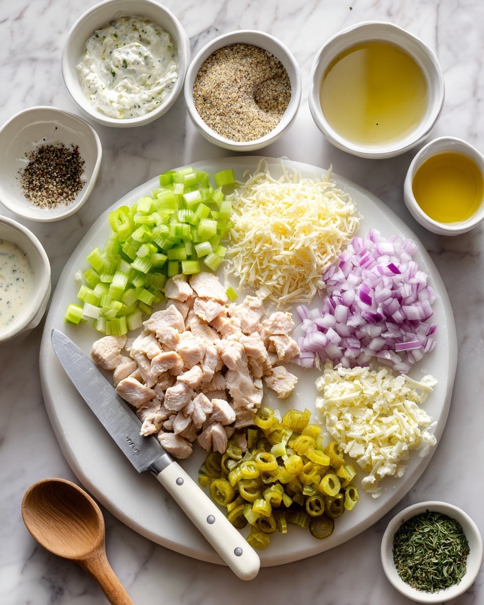 A white bowl filled with chopped cooked chicken sits on a white marbled round board. On the board, there are five groups of chopped ingredients arranged in a half circle: green celery pieces, purple onion, yellow-green pickles, and two piles of finely grated cheeses, one white and the other yellowish. A large knife with a white handle lies between the chopped celery and chicken. Around the board, there are small white bowls holding various ingredients including a wooden spoon resting in a bowl of white creamy dressing, a bowl of grainy mustard, a bowl of black pepper with green herbs, a bowl of yellow oil, and two other bowls with white and light yellow sauces. The whole scene is set on a white marbled surface. Photo taken with an iphone --ar 4:5 --v 7