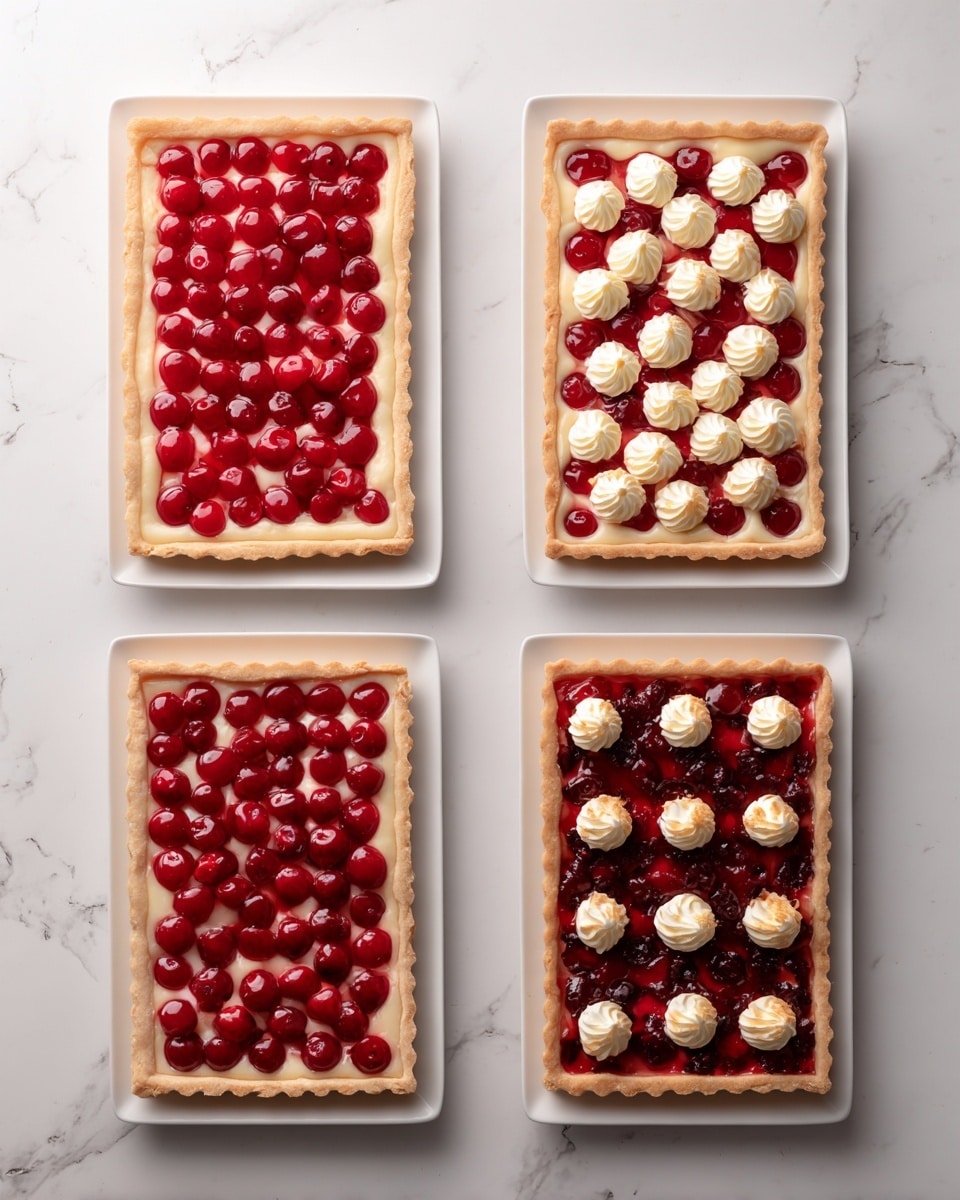The image shows four stages of making a rectangular cherry tart on a white plate over a white marbled surface. The first layer is a smooth, light beige dough spread evenly, covering the entire base and edges. The second layer adds a bright red cherry filling completely spread on top of the dough. The third layer shows small dollops of pale cream placed evenly over the cherry layer in a loose, scattered pattern. The last stage shows the tart baked with the cherry filling deepened to a darker red and the cream dollops turned light golden brown, still scattered evenly on top. Photo taken with an iphone --ar 4:5 --v 7