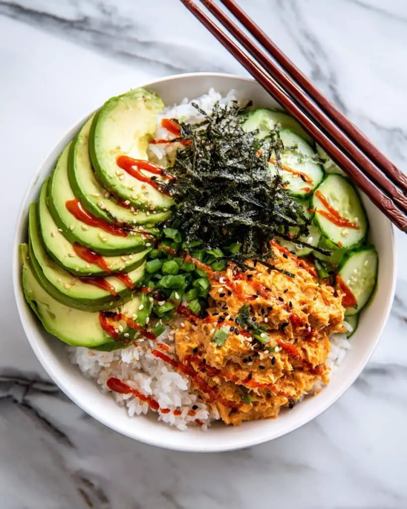 Canned Tuna Sushi Bowl with Bang Bang Sauce and Spicy Cucumber Salad Recipe