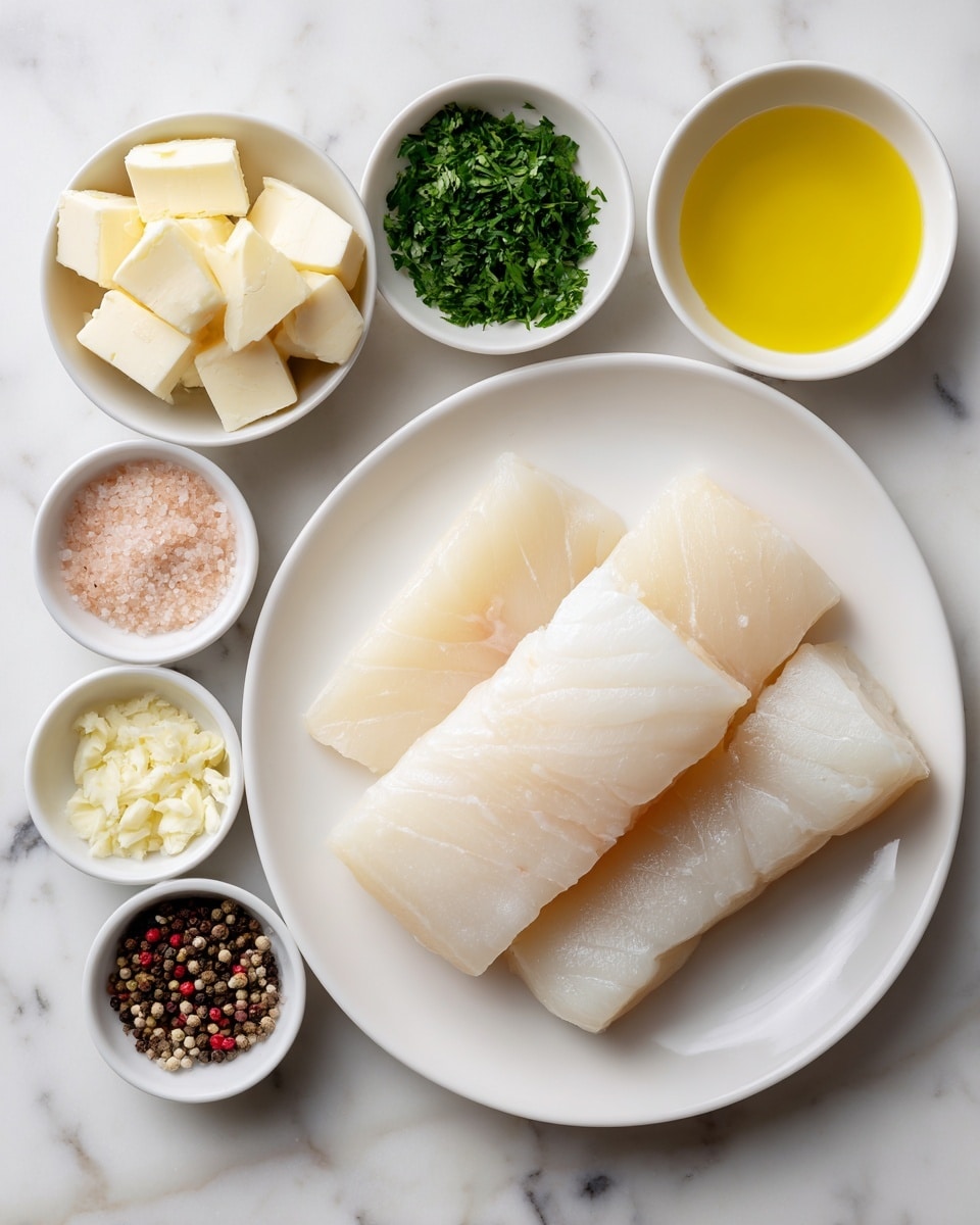 A white plate holds two pieces of raw cod loin, pale and smooth with a slight shine, placed side by side near the bottom center. Around the plate on a white marbled surface, there are six small white bowls each containing different ingredients: one bowl has minced garlic in light cream color, another has light brown butter shaped in blocks, a third bowl shows finely chopped green parsley, one has coarse pink salt, another holds black pepper in grains, and the last contains yellow vegetable oil. Each item is clearly separated on the marble background. photo taken with an iphone --ar 4:5 --v 7