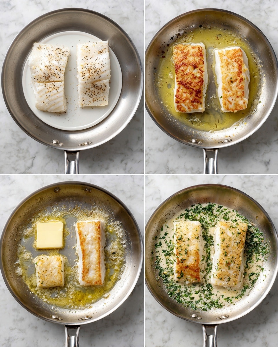 The image shows six stages of cooking two white fish fillets in a silver pan on a white marbled surface. The first stage is two uncooked white fish fillets, sprinkled with black pepper, lying flat on a white plate. The second stage shows the fillets placed side by side in a shiny silver pan, starting to cook with slight bubbling around the edges. The third stage displays the fillets flipped, now golden brown and crispy on top, showing a contrast between the white soft side and the browned side. The fourth stage is a small rectangle of butter melting in the pan, surrounded by sizzling bubbles. The fifth stage shows the butter melted with tiny pieces of garlic and green herbs spread through the thick sauce in the pan. The final stage has the golden brown fish fillets returned to the pan, sitting in the creamy garlic butter sauce with herbs spread evenly around them. photo taken with an iphone --ar 4:5 --v 7