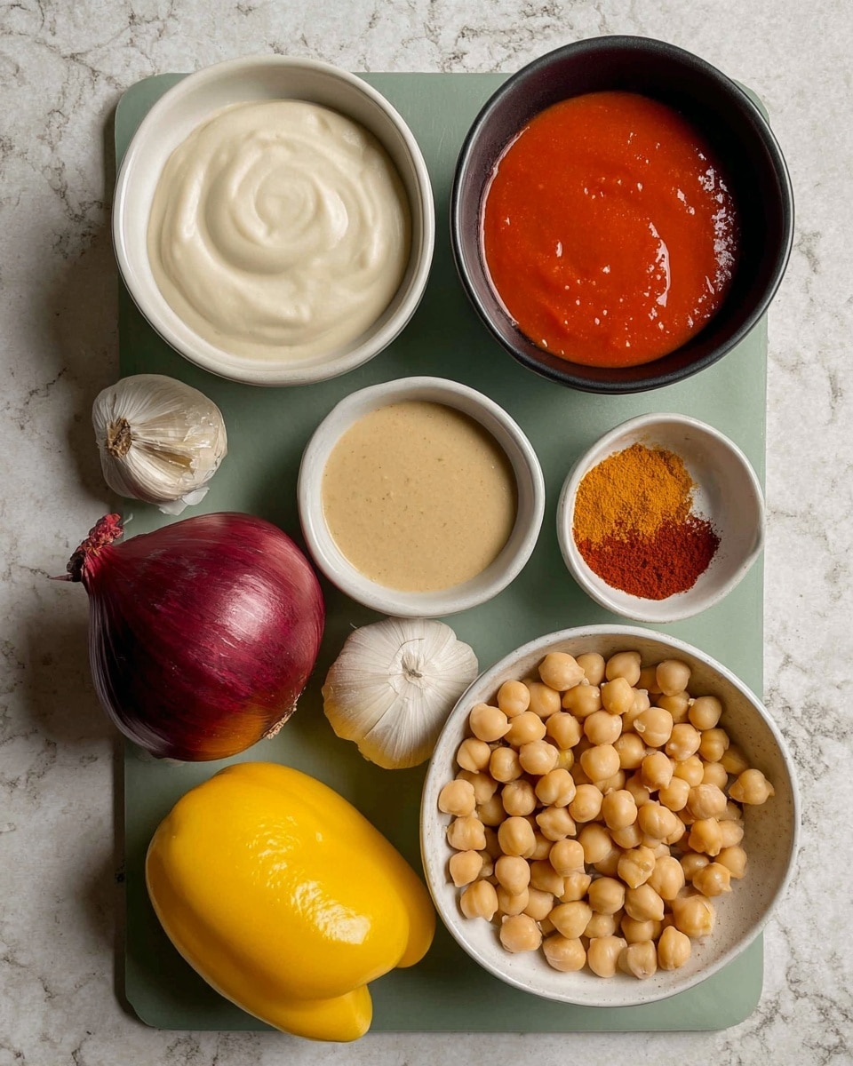 A top view of a green cutting board on a white marbled surface holds several ingredients arranged neatly. There are three small white bowls and one black bowl: the black bowl contains a smooth white creamy sauce, one white bowl holds a smooth beige tahini sauce, another white bowl has a bright red sauce, and a small white bowl has two different powders, one orange-red and one brown. Below these bowls, there is a whole red onion, a whole yellow lemon, a whole yellow bell pepper, a garlic clove, and a white bowl filled with beige chickpeas. The overall look is colorful with a mix of smooth and rough textures. photo taken with an iphone --ar 4:5 --v 7