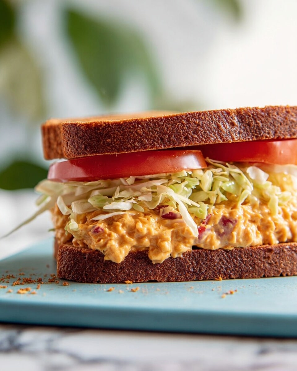 A close-up side view of a sandwich with two layers of dark brown bread, one on top and one at the bottom. The bottom layer holds a creamy, chunky orange spread with small bits of red and yellow, topped by thin red tomato slices. Above the tomatoes is a thick layer of pale green shredded cabbage mixed with light sauce, visible between the slices of bread. The sandwich sits on a light blue cutting board with some crumbs around it against a white marbled background. Photo taken with an iphone --ar 4:5 --v 7