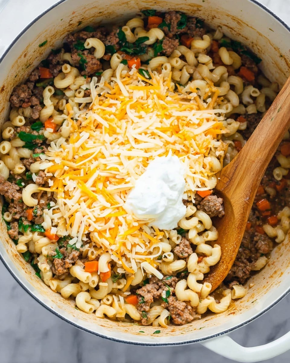 A large white pot is filled with a layered dish starting with elbow macaroni mixed with browned ground meat, small chopped orange carrots, and scattered green leafy herbs. In the center on top, there is a white creamy layer, likely sour cream, surrounded by a generous layer of shredded yellow and white cheese. A wooden spoon rests inside the pot on the right side, slightly covered by the food. The pot sits on a white marbled surface photo taken with an iphone --ar 4:5 --v 7