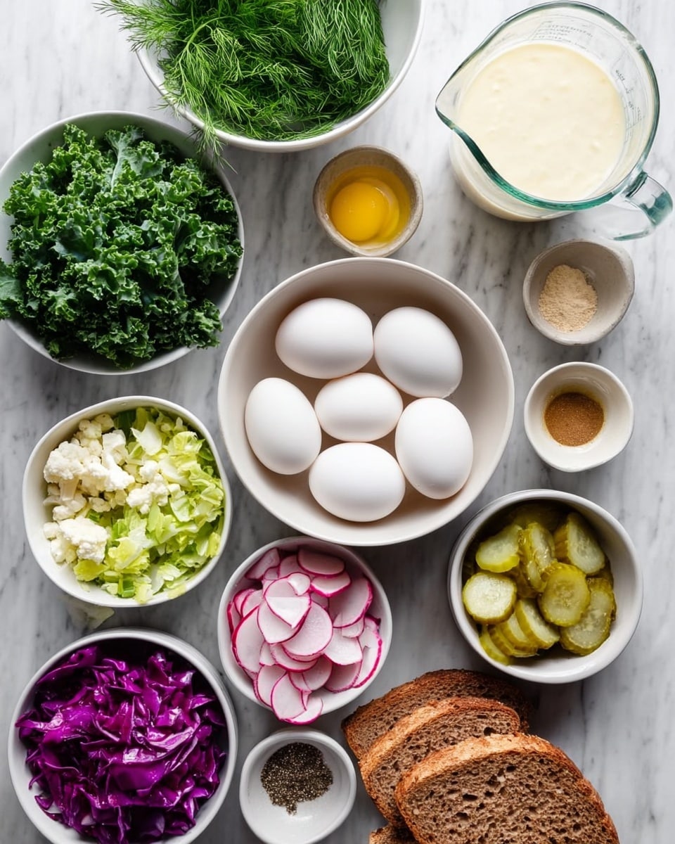 The image shows an overhead view of a white marbled surface filled with various white bowls arranged neatly. There are six eggs in a white bowl at the center. Surrounding it are bowls with chopped dark green kale, light green lettuce, sliced purple cabbage, diced cauliflower, sliced pickles, and sliced radishes with white centers and pink edges. To the upper right, there is a clear glass measuring cup with a creamy white liquid, and next to it three slices of brown bread on the white marbled surface. Small white bowls with different seasonings and liquids—one with a powder, one with a liquid that looks like oil, one with a darker liquid, and one with black pepper—are scattered at the bottom right. A small white bowl with fresh dill is placed at the top left. A woman’s hand is not shown but implied by the neat arrangement of the ingredients. Photo taken with an iphone --ar 4:5 --v 7