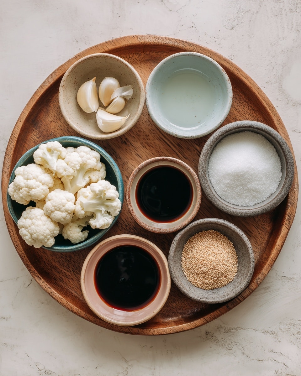 The image shows a wooden round tray placed on a white marbled surface, holding eight small bowls with different ingredients. There are cauliflower florets filling a dark turquoise bowl on the left side. Above it, a small beige bowl contains dark soy sauce. Next to it, a light blue bowl holds clear rice vinegar. Above the rice vinegar, a tiny pale gray bowl contains two garlic cloves. In the center, a medium gray bowl has white corn starch. To its right, a small light brown bowl is filled with brown sugar. A textured gray bowl on the right side contains whole grains. Finally, at the bottom near the center, a small pale pink bowl holds dark hoisin sauce. photo taken with an iphone --ar 4:5 --v 7