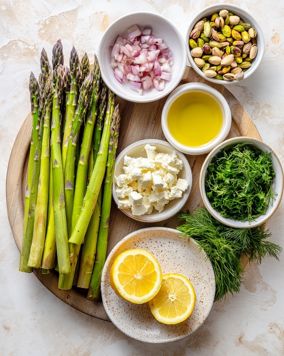 The image shows a round wooden tray on a white marbled surface, arranged with fresh ingredients. On the left side, there are eight bright green asparagus stalks with purple tips, lying flat. Near the top center, a white bowl holds finely chopped pink and white shallots, and next to it, a white bowl contains golden-yellow olive oil. Below the shallots, a white bowl has several chunks of crumbly white feta cheese. To the right of the feta, a white bowl is filled with light and dark green pistachios. Below the pistachios, a white bowl holds fresh, leafy green parsley, and beside it, a white bowl contains delicate green dill sprigs. At the bottom center, a round white plate with brown speckles holds two halves of a bright yellow lemon, positioned cut side up. photo taken with an iphone --ar 4:5 --v 7
