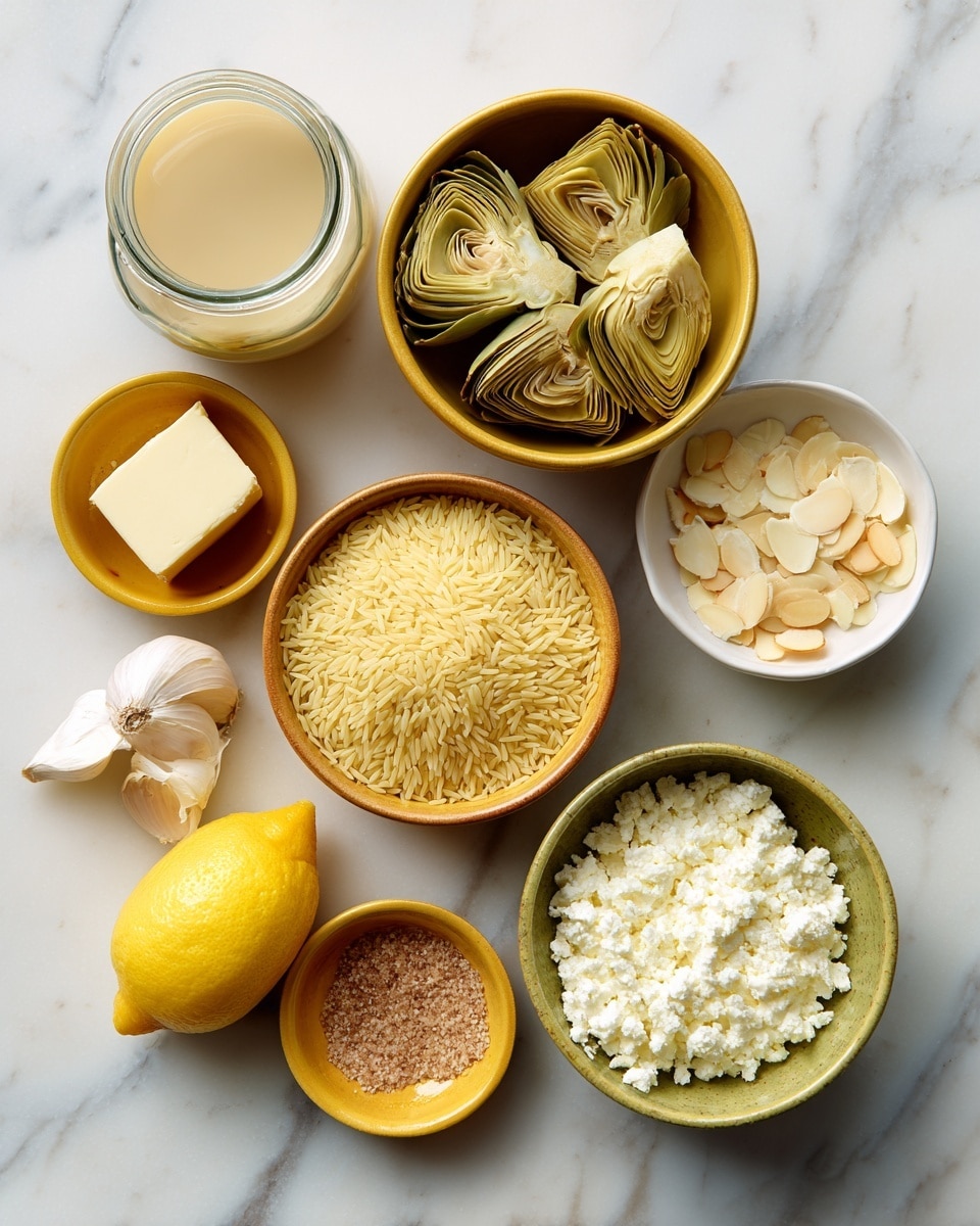 The image shows several bowls and a jar with cooking ingredients arranged neatly on a white marbled surface. There are two yellowish-brown bowls, one filled with pale yellow orzo pasta grains and the other with artichoke pieces. A small white bowl holds a square piece of butter, while a small yellow bowl contains white and brown sliced almonds. Another small yellow bowl contains minced garlic, and a slightly larger yellow bowl is filled with crumbly white feta cheese. A halved lemon with a bright yellow color sits beside the bowls. A glass jar with light beige broth is placed near the top left corner, all labeled with blue tags for each ingredient. photo taken with an iphone --ar 4:5 --v 7