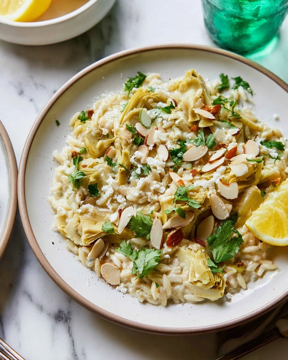 The dish shows a plate filled with a creamy pasta mix with about three main layers: a base of soft, white orzo pasta mixed with off-white sauce, scattered pieces of yellow artichoke hearts, and small white crumbles of cheese on top. There are thin, light brown almond slices and bright green cilantro leaves spread over the pasta. A lemon slice is placed on the edge of the white plate. The plate is set on a white marbled surface with part of a white bowl and a green glass cup seen in the background. Photo taken with an iphone --ar 4:5 --v 7