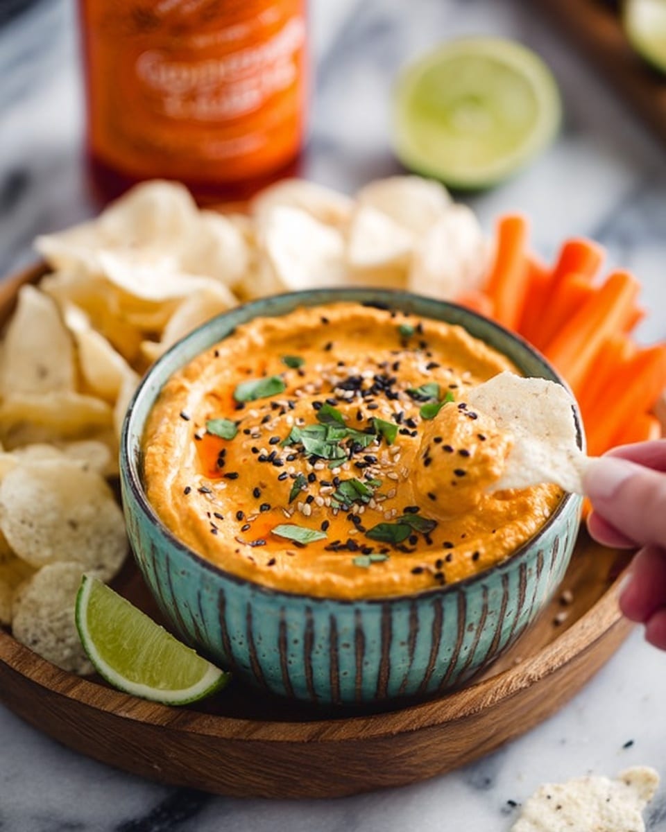 A thick layer of orange hummus with a creamy and slightly textured surface fills a white bowl with a blue rim. The hummus is topped with black sesame seeds scattered across and thin strips of green cilantro leaves spread unevenly. A woman's hand is dipping a pale beige cracked chip into the hummus on the right side. The bowl sits on a round wooden board, accompanied by bright orange carrot sticks, light beige pita chips, and a halved squeezed lime showing its green and pale yellow inside. A blurred red sauce bottle is in the background, all set on a white marbled surface. Photo taken with an iphone --ar 4:5 --v 7