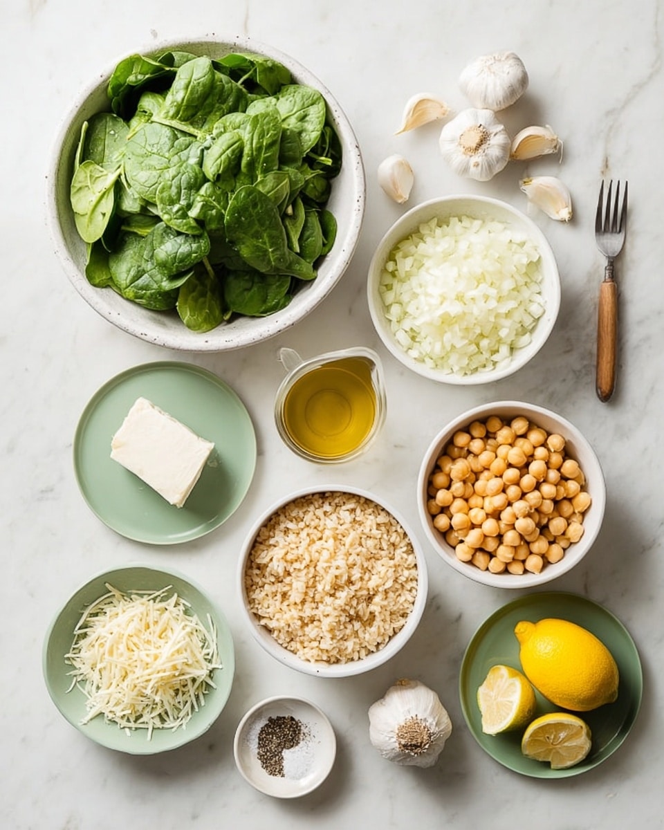 The image shows an overhead view of several white bowls and light green small plates containing cooking ingredients, arranged neatly on a white marbled surface. The largest bowl is filled with fresh green spinach leaves, positioned near the top left. Below it, a bowl with finely chopped white onions sits in the center. To the right of the onions, there’s a bowl of cooked chickpeas with a smooth round shape and light yellow color. Below the chickpeas is a bowl of cooked brown rice with a textured, fluffy look. On the left side of the image are a small green plate with a block of white cheese, a small white cup filled with golden olive oil, a wooden fork sticking out of a tiny round bowl of coarse salt, and a bulb of garlic with several cloves. Near the bottom right corner are two lemon halves, one bowl with yellow lemon zest, a small white dish with black pepper, and a green plate with a pile of shredded white cheese. Everything is arranged calmly and spaced evenly with soft natural light coming from above, photo taken with an iphone --ar 4:5 --v 7