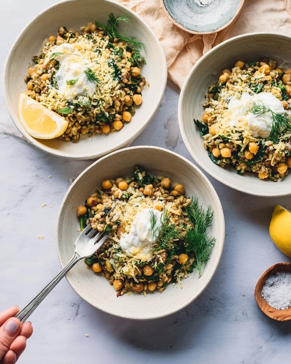 The image shows three white bowls filled with a layered dish set on a white marbled surface. Each bowl contains a mixture of grains, chickpeas, and green herbs, topped with a dollop of white sauce and a sprinkle of grated cheese or similar topping. One bowl has a lemon wedge and a small sprig of green herbs on the side. Each bowl has a silver fork placed inside it, with one woman's hand holding the fork in the bowl closest to the camera. The background includes a lemon half and a small bowl of salt near the top right corner. photo taken with an iphone --ar 4:5 --v 7