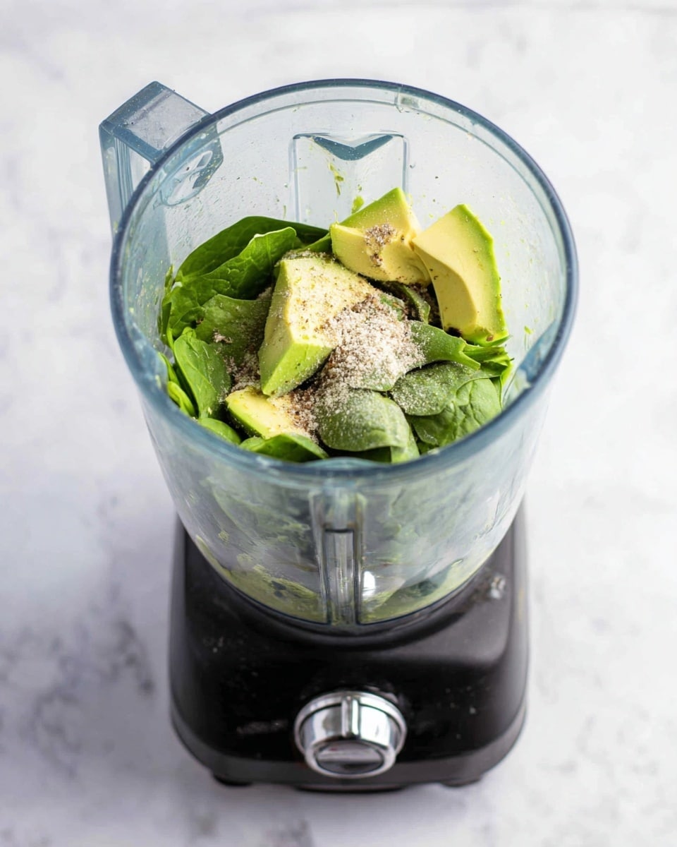 A clear blender container sits on a black base with a shiny silver dial, placed on a white marbled surface. Inside the blender, there is a mix of ingredients layered together: fresh, dark green spinach leaves form the lowest layer, topped by chunks of soft avocado with light green and yellowish tones. Over the avocado, there are sprinkles of white, granular seasoning and a faint dusting of a brownish powder. The transparent blender allows a clear view of all layers and textures, making the ingredients look fresh and ready to blend. Photo taken with an iphone --ar 4:5 --v 7