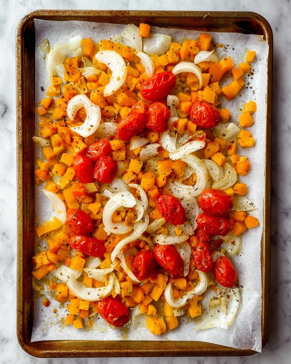 The image shows a baking tray lined with white parchment paper holding a mix of small diced orange vegetables, semi-cooked red cherry tomato halves, and thin onion rings scattered evenly across the tray. The orange pieces are the base layer, with the white onion rings spread over them, and the bright red tomatoes sitting on top. There is a sprinkle of black specks of seasoning over all the ingredients. The baking tray rests on a white marbled surface. photo taken with an iphone --ar 4:5 --v 7