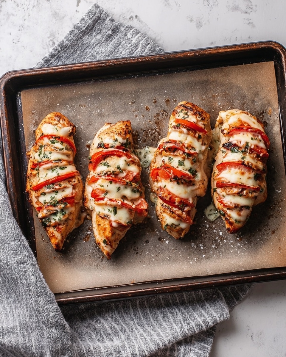 Four cooked chicken pieces lie on a dark baking tray lined with parchment paper, resting on a white marbled surface. Each chicken piece is sliced horizontally with alternating layers of red tomato, white melted cheese, and green herbs, showing a pattern of colorful stripes. The cheese is slightly browned and bubbling, creating a textured, creamy look. A grey and white striped cloth is folded near the tray's corner. photo taken with an iphone --ar 4:5 --v 7