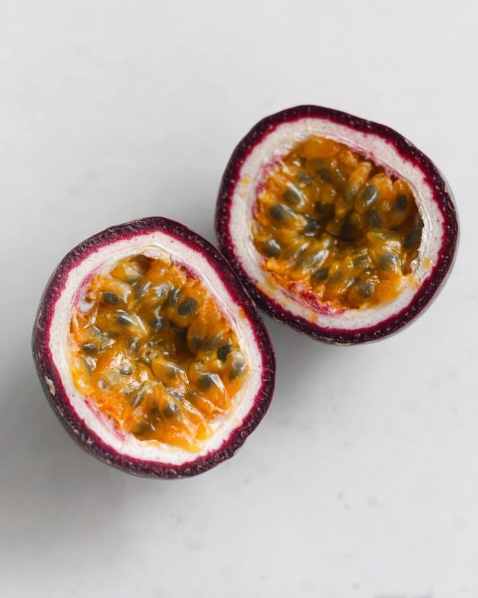 The image shows a passion fruit sliced in half, placed on a smooth white marbled surface. Each half reveals a colorful inside with three clear layers: the outer skin is dark purple with a slightly rough texture, the middle layer is white and soft, forming a ring around the fruit, and the inner layer is bright orange filled with many small black seeds that have a shiny, jelly-like texture. The two halves are arranged side by side, showing their detailed inner patterns. photo taken with an iphone --ar 4:5 --v 7