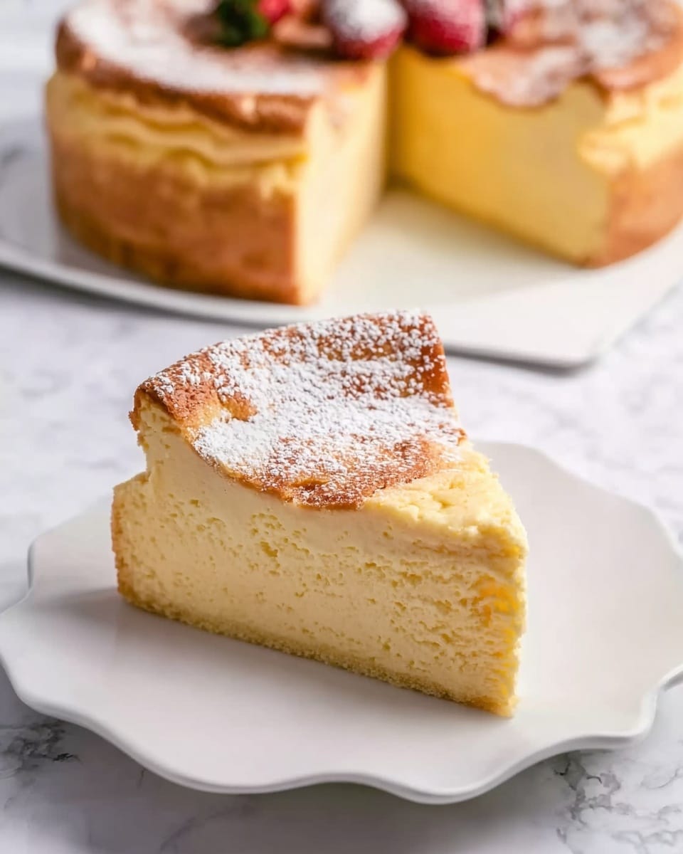 The image shows a thick slice of creamy yellow cheesecake with a smooth, dense texture sitting on a white plate with soft, wavy edges. The cheesecake has a thin, uneven golden brown crust on the top, dusted lightly with powdered sugar. In the background, on a white rectangular tray, the rest of the cheesecake is visible with one slice missing, showing its thick, firm interior and the same golden crust. The surface underneath everything is a white marbled texture. photo taken with an iphone --ar 4:5 --v 7