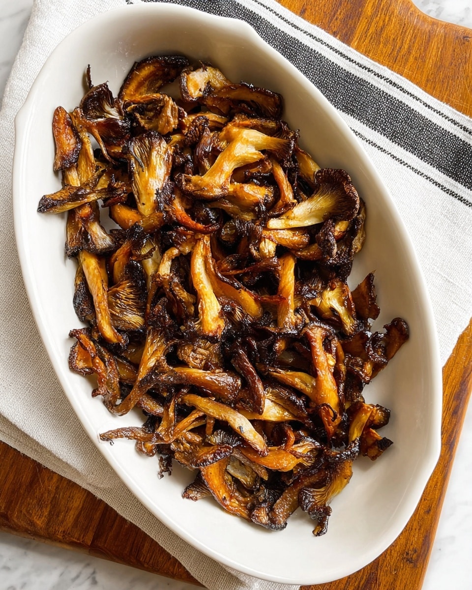 The image shows a white oval bowl filled with roasted mushrooms that are dark brown to golden with a slightly crispy texture. The mushrooms are unevenly shaped and layered, with some pieces showing lighter golden edges and others deeper brown, almost charred, spots. The bowl is placed on a wooden board, which lies on a white marbled surface partially covered by a white cloth with black stripes. The lighting is bright, highlighting the texture and color contrast of the mushrooms, making them look savory and crispy photo taken with an iphone --ar 4:5 --v 7