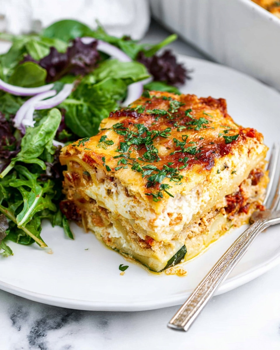 A square piece of lasagna with four visible layers sits on a white plate next to a fresh green salad with spinach and purple onion slices. The bottom layer of the lasagna is brown and packed with herbs, followed by a thick creamy white layer with chunks of cheese and sun-dried tomato bits. Above that is a light yellow layer that looks like melted cheese or creamy sauce, topped with a thin green zucchini slice. The top layer is golden brown melted cheese with bits of sauce and garnished with chopped green herbs. A silver fork rests on the plate’s edge, and the white marbled surface is visible underneath. photo taken with an iphone --ar 4:5 --v 7