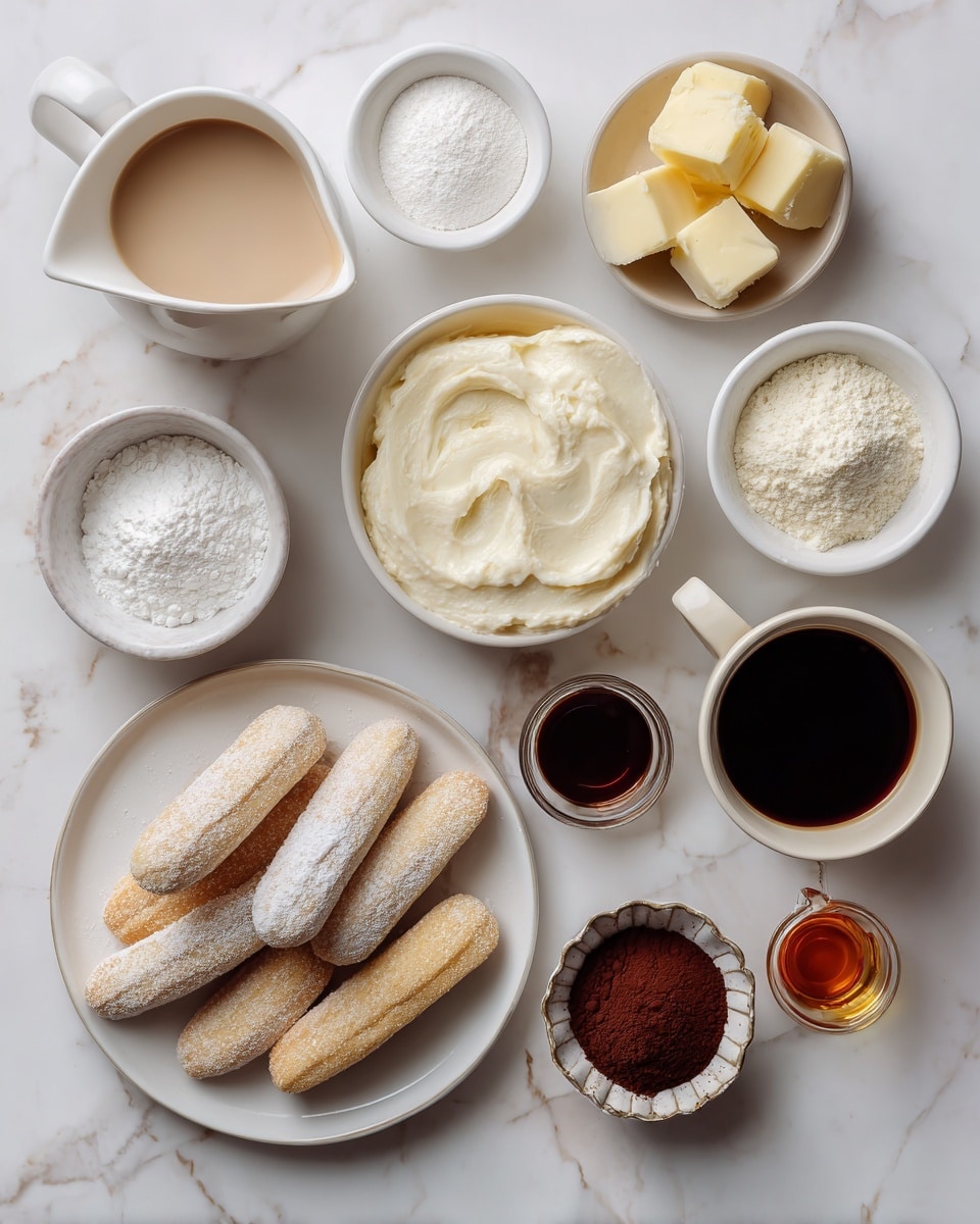 The image shows nine white bowls and pitchers arranged on a white marbled surface with different cooking ingredients labeled on each. In the center is a bowl filled with a white creamy substance labeled vegan mascarpone. Below it is a white plate holding several light beige vegan ladyfingers dusted with powder. Around them, clockwise from top left, are a pitcher with beige non-dairy milk, a small bowl with white powder labeled cornstarch, a larger bowl with white granulated sugar, a bowl with small chunks of pale yellow vegan butter, a small bowl of dark brown vanilla liquid, a scalloped bowl filled with dark brown cocoa powder, a small glass with dark espresso coffee, and a small jar of amber liquid labeled dark rum or amaretto. photo taken with an iphone --ar 4:5 --v 7